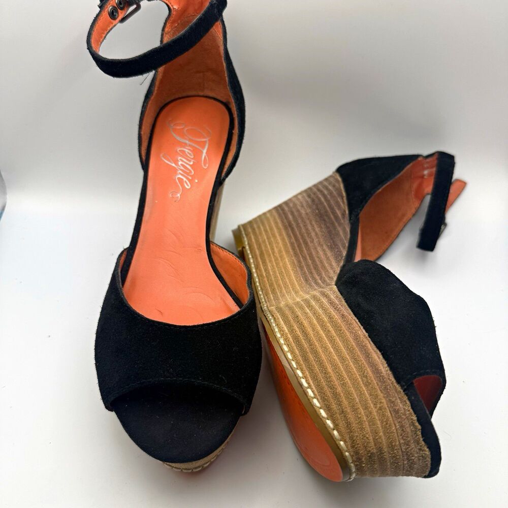 Fergie Dietra Black Suede Wedge Sandals Peep Toe Platform Ankle Strap 6M
